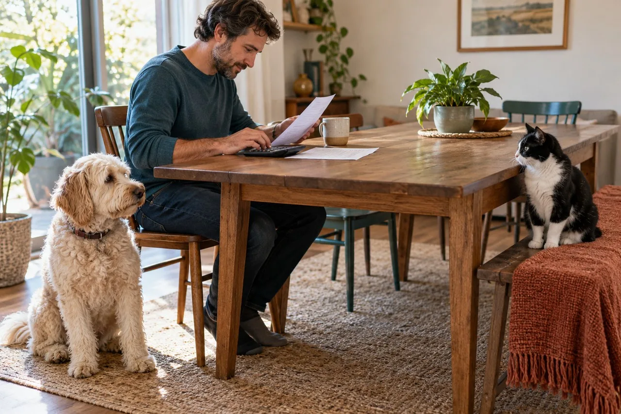 Person reviewing papers at a dining table with a dog and cat nearby